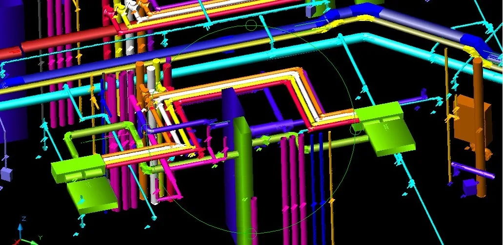 Virtual visualization of complex pipeline routing on 8th floor corridor