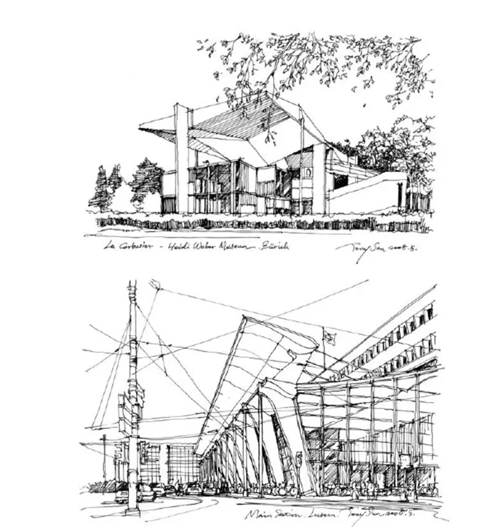 A large collection of architectural hand drawn materials, including hand drawn masters