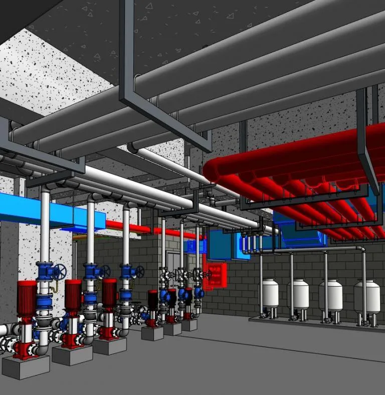 Complete set of equipment family, valves, accessories, support and hanger sets for the water pump room Revit family library, 1:1 adaptive family library, BIM model