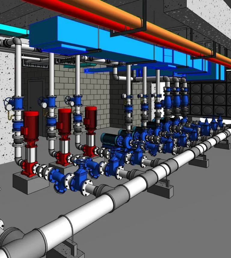 Complete set of equipment family, valves, accessories, support and hanger sets for the water pump room Revit family library, 1:1 adaptive family library, BIM model