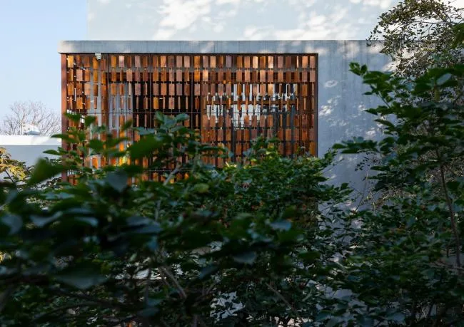BIM architecture | Indian independent studio/studioXS with facade grille and wooden board resembling an abacus