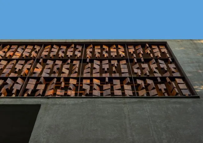 BIM architecture | Indian independent studio/studioXS with facade grille and wooden board resembling an abacus