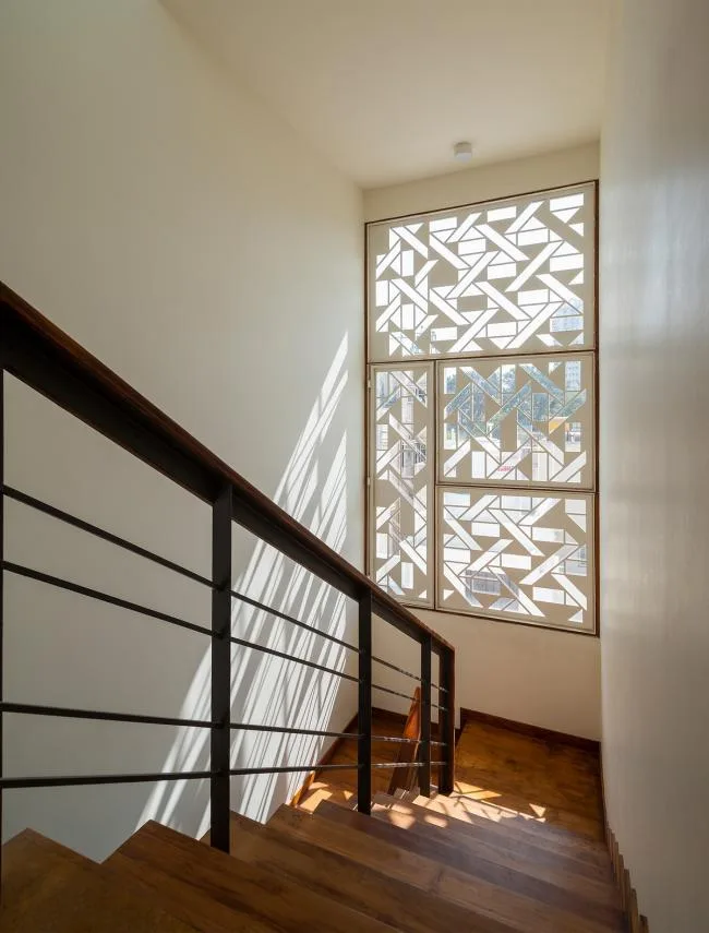 BIM architecture | Indian independent studio/studioXS with facade grille and wooden board resembling an abacus