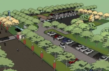 Modern Single-Story Urban Landscape Model with Entrance, Parking, Security Room, and Street Lighting in SketchUp-BIM WORLD