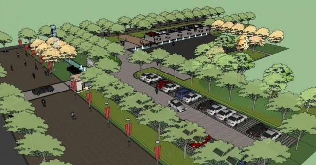 Sketchup Landscape Model | Square Landscape, Entrance, Urban Sketch, Single Story, Modern Style, Security Room, Parking Lot, Street Lights
