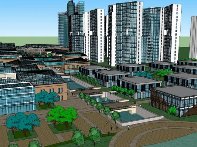 Sketchup Complex Model | High rise office building, hotel, ground floor commercial, residential, multi story complex, modern style