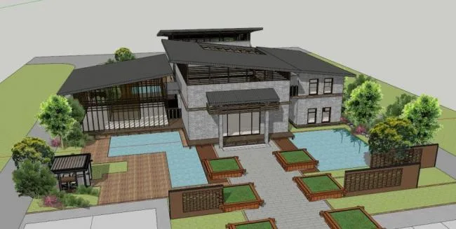 Sketchup Business Model | Multi story Clubhouse, Commercial Building, New Chinese Style
