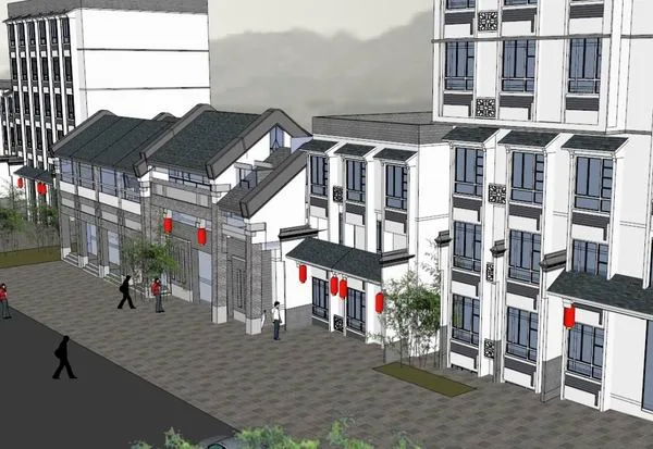Sketchup Business Model | Multi story antique waterfront street, commercial, modern Chinese style