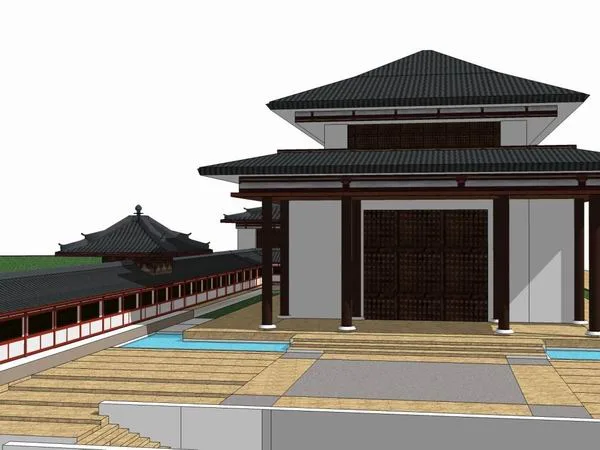 SketchUp Model of a Multi-Story Chinese-Style Convention and Exhibition Center with Partial Block Views