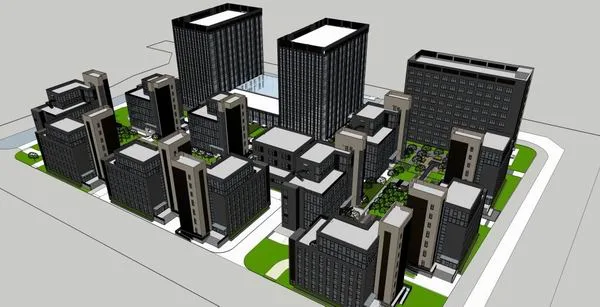 Sketchup Residential Model | High rise residential, office, park, modern style, 7+9+11 floors
