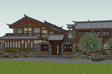 SketchUp Model of a 3-Story Antique Chinese-Style Hotel-BIM WORLD
