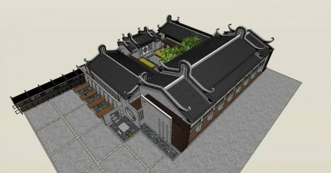 Sketchup Residential Model | Multi story Courtyard, Chinese Style, Residential Architecture
