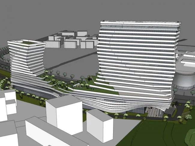 Sketchup Complex Model | Multi story high-rise mixed commercial complex, modern style, commercial podium, office