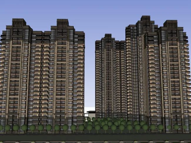 Sketchup Residential Model | High rise residential building, street side commercial, classical style, 22+32 floors
