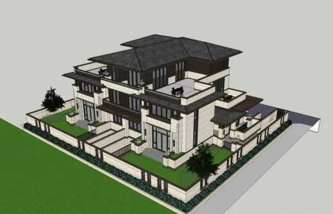 Sketchup Villa Model | Multi story Residential Building, Residential Architecture, Twin Villa, Grassland Style