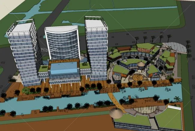 Sketchup Complex Model | Multi story Mixed Commercial Complex, High rise Residential Apartments, Riverside, Modern Style, Outlets