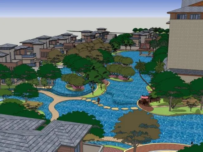 SketchUp Landscape Models: Hotel, Waterfront, and Classical Designs