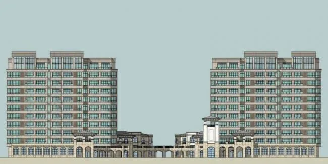 SketchUp Model of a Neoclassical High-Rise Residential Community with Street-Level Commercial Spaces