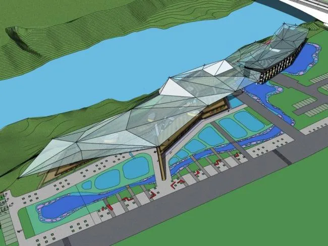Sketchup Business Model | Multi story commercial, waterfront landscape, modern style