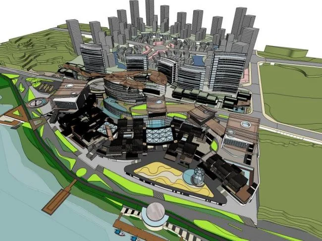 SketchUp Complex Model: Modern High-Rise Commercial Office and Hotel with Multi-Story Podium