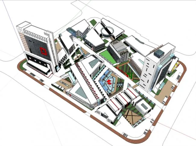 Sketchup Complex Model | Multi story High rise Mixed City Complex, Commercial Pedestrian Street, Shopping Center, Hotel, Modern Style