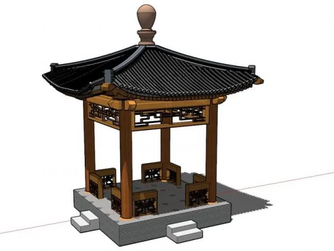 Sketchup Sketch Model | Four Corner Pavilion, Chinese Style, Sketch
