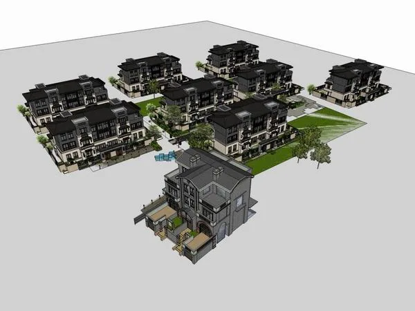 Sketchup Villa Model | Row Villa Residential Complex, Classical Style