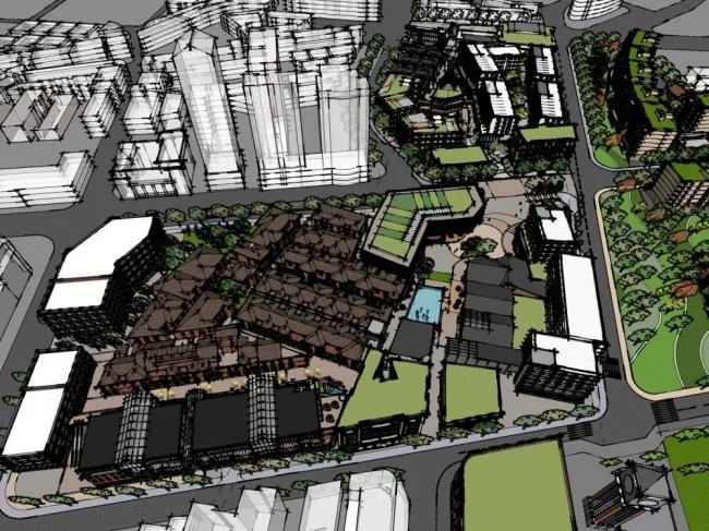 Sketchup Business Model | Multi-story Commercial Street, New Chinese Style, Entertainment and Leisure Facilities