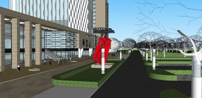 SketchUp Complex Model: Modern High-Rise Commercial Hub Featuring Hotel, Offices, Shopping Mall, and Podium