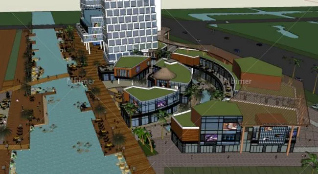 Sketchup Complex Model | Multi story Mixed Commercial Complex, High rise Residential Apartments, Riverside, Modern Style, Outlets