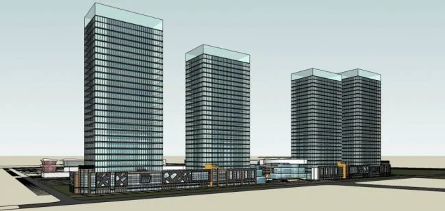 SketchUp Complex Model: Modern High-Rise Residential, Commercial Podium, and Office Design