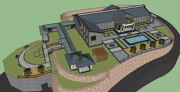 Sketchup Residential Model | Multi story Hilltop Clubhouse, Residential, Chinese Style