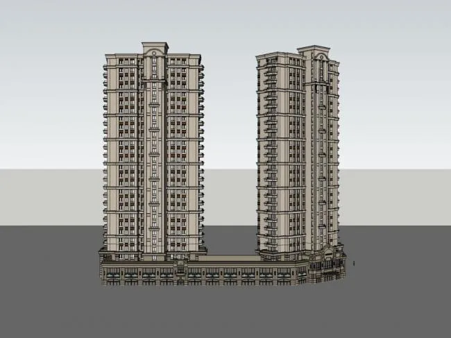 Sketchup Residential Model | High rise residential building, podium floor commercial, classical style, 27 floors