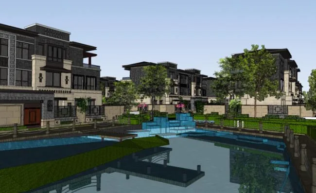 Sketchup Residential Model | Multi story residential community, Chinese style, water features, courtyard center landscape, villas, residential buildings