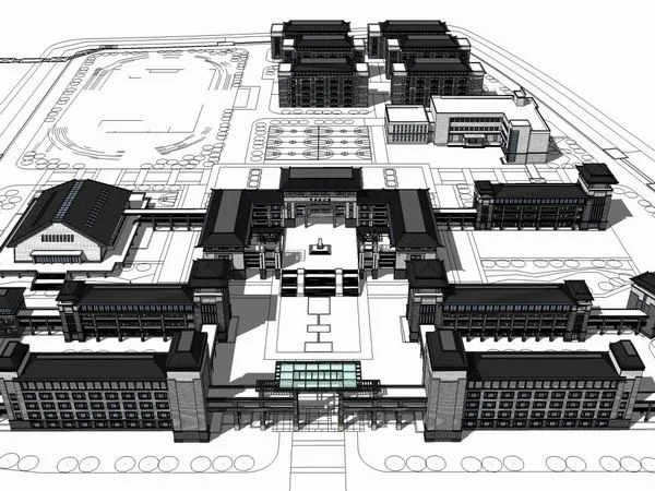 Multi-Story Middle School Campus Model with Chinese Architectural Style in SketchUp
