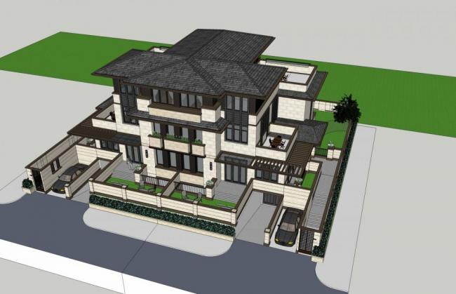 Sketchup Villa Model | Multi story Residential Building, Residential Architecture, Twin Villa, Grassland Style