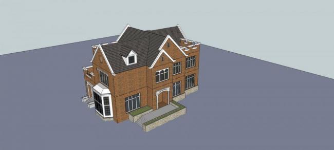 SketchUp Model of an English-Style Multi-Story Solo Villa with Sloping Roof
