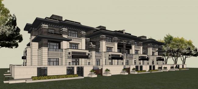 SketchUp Villa Model: Row Houses in Wright-Inspired New Chinese Residential Style