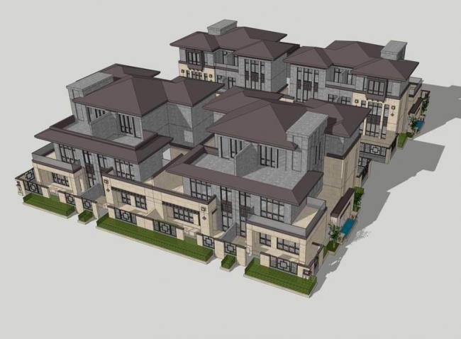 SketchUp Villa Models: CITIC Taifu Double Split and Row Villas in Modern Chinese Style