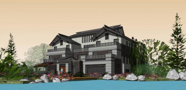 Solo Villa Sketchup Model in Modern Chinese Style