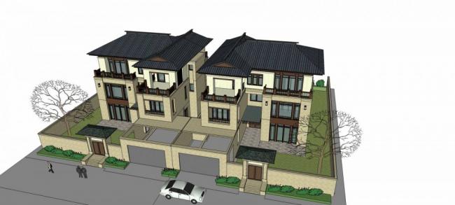 Double Split Multi-Story Villa Model in New Chinese Style | SketchUp Residential Design