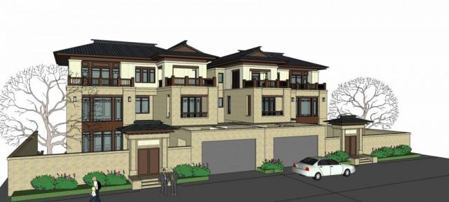 SketchUp Model of a Double Split Villa in Modern Chinese Style