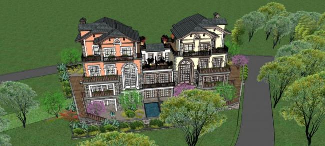 Double Split Villa Sketchup Model | Elegant European Classical Design