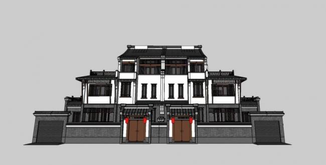 SketchUp Villa Model Featuring Chinese Huizhou-Style Sloping Roof and Double-Split Design