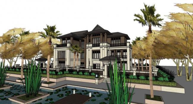 SketchUp Villa Model: Solo Southeast Asian-Style Villa on a Steep Slope