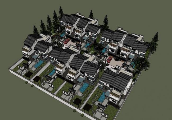 Huizhou-Style Villa Models in SketchUp: Sloping Roofs, Courtyards, and Row Houses with Traditional Chinese Design