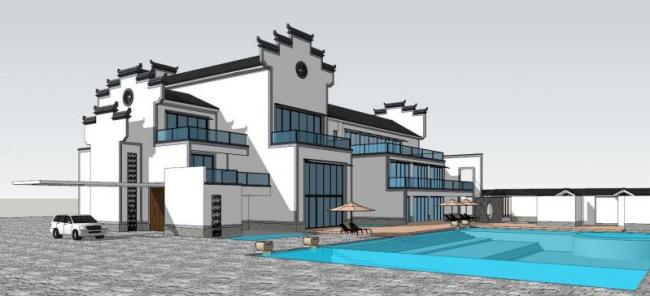 Multi-Story Huizhou-Style Villa Clubhouse Model in SketchUp | Chinese Architectural Design