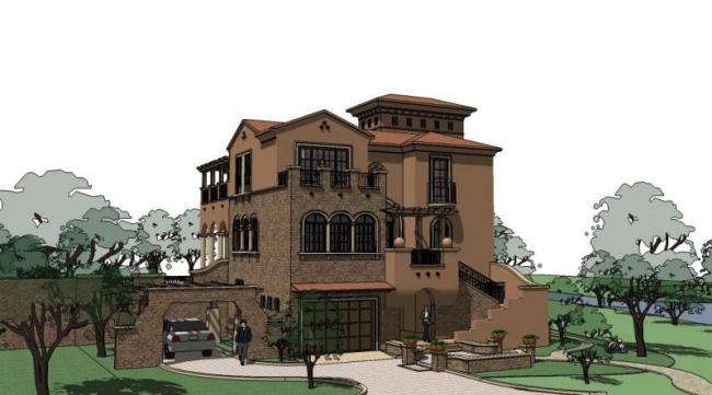 SketchUp Villa Model: Solo Spanish Classical Mediterranean Design