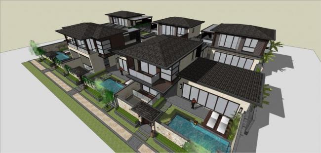 SketchUp Villa Model: Multi-Row Residential Architecture in Modern Chinese Style