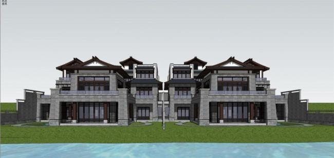 SketchUp Villa Model: Chinese-Style Row Villas for Hotel Design